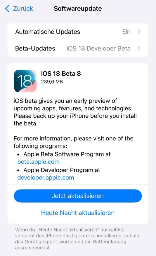 夏县苹果手机维修分享苹果 iOS / iPadOS 18 开发者预览版 Beta 8 发布 